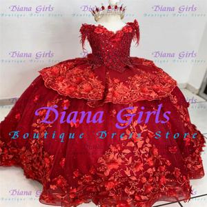 고급스러운 레드 플라워 걸 드레스, 투투 소재의 푹신한 웨딩 공주 볼 가운, 아플리케 장식, 어린이 생일 파티 및 이브닝 드레스