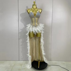 반짝이는 라인스톤 깃털 롱테일 바디수트 섹시 메쉬 시스루 무대 의상 이브닝 파티 축하 럭셔리 생일 드레스