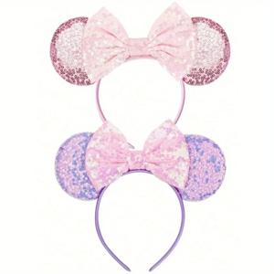 1pc 디즈니 귀여운 만화 미니 머리띠 스팽글 귀 활 머리 후프 퍼플 핑크 여성용 머리띠 휴일 파티 완벽한 선물