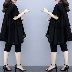 플러스 사이즈 여름 패셔너블 시폰 투피스 세트 배 가리개 슬리밍 한국 스타일 캐주얼 통근 루즈핏 반팔