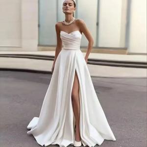 끈 없는 새틴 심플 웨딩드레스 사이드 하이 슬릿 코르셋 백 브라이덜 가운 맞춤형 A라인 미니멀리스트 웨딩드레스