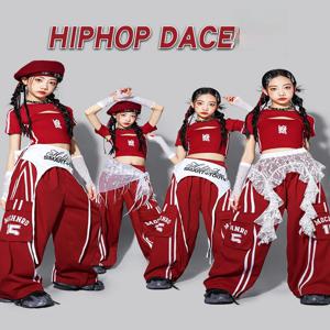 여자 재즈 댄스 의상 어린이 거리 공연 의류 트렌디 쇼 슈트 주니어 스트리트 세트 레드 컬러 무대 의상