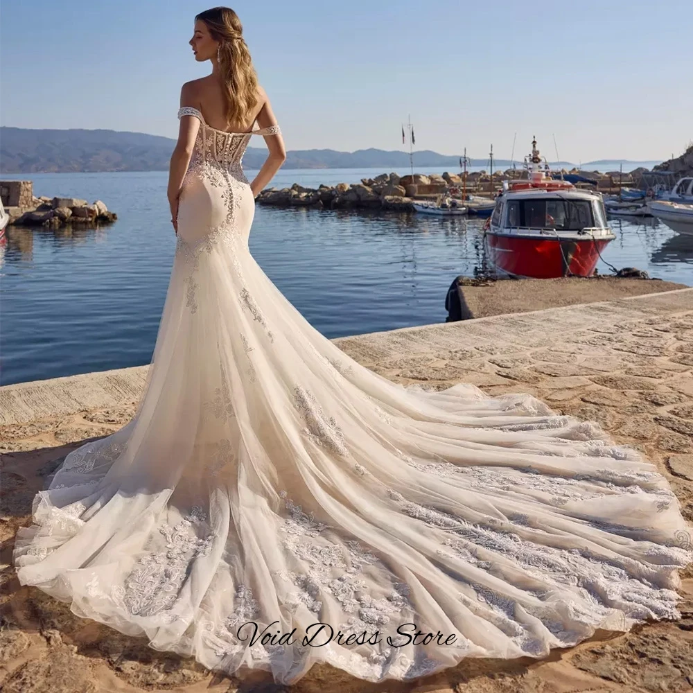 고품질 저지 슬리브리스 웨스티도 데 노비아 럭셔리 아플리케 비딩 브라이덜 가운 우아한 머메이드 튤 웨딩드레스