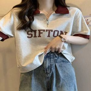 루즈핏 여성 폴로넥 반팔 티셔츠 플러스 사이즈 여름 자외선 차단 페이스 마스크 큰 사이즈 배 가리개