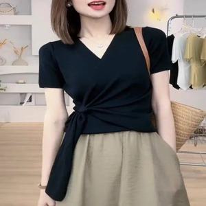 여성 여름 V넥 티셔츠 반팔 크로스 허리 슬리밍 벨트 큰 사이즈 포켓 손수건 비즈니스 스타일 신상 2025