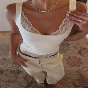 Dulzura 스퀘어 칼라 백리스 슬림 레이스 프릴 패치 워크 탱크 탑 여성 패션 섹시한 Y2K 탑 파티 휴가 여름 옷