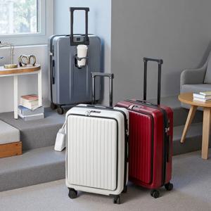 다기능 전면 개방형 롤러 캐리어 컵 홀더 USB 충전 인터페이스 및 측면 발걸이 비즈니스 여행용 가방