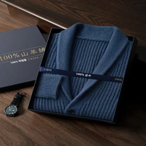 남성용 헤비 두꺼운 100% 순수 캐시미어 카디건 올리브 웜 칼라 하이 엔드 스웨터 코트 슈퍼 잘 생긴