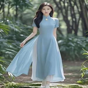 여성 Aodai Vetnam 의류 긴 Cheongsam Aodai 베트남 전통 드레스 여성 우아한 Qipao 쉬폰 Ao Dai 드레스
