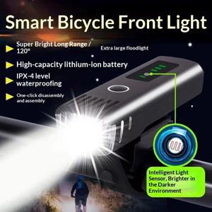 스마트 라이트 센서 자전거 라이트, USB 충전식 자전거 헤드라이트, IPX4 방수 120 °   빔, 야간 라이딩 MTB용 퀵 릴리스