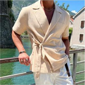 남성용 반팔 린넨 재킷 여름 수트 코트 살구색 벨트 슬림핏 경량 웨딩 프롬 신랑 예복 블레이저 드레스