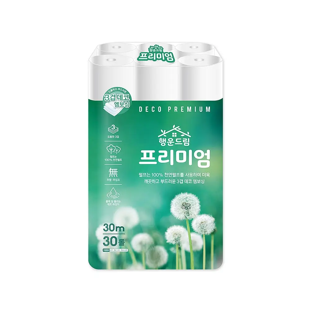 [천연펄프] 행운드림 프리미엄 3겹 30m 30롤 화장지 휴지 비데겸용 두루마리