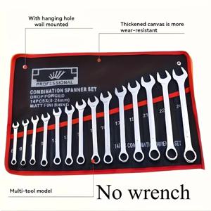 14포켓 공구 정리 롤. 내구성이 뛰어난 휴대용 손잡이가 있는 렌치 보관 가방. 차고 및 작업장 정리에 적합합니다.