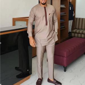 남자 Tracksuits 정장 세트 Kaftan 수 놓은 긴 소매 탑 바지 2Pcs 세트 복장 웨딩 착용 아프리카 민족 캐주얼 의류