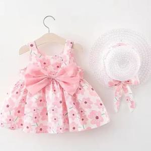 0-3 세 아기 옷, 여름 해변 휴가 어린이 원피스, 꽃무늬 민소매 활 소녀 공주 원피스 + 모자