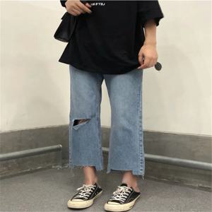하이웨이스트 플러스 사이즈 데님 진 여성용 홀 효과 슬리밍 스트레이트 레그 트라우저 루즈 나인 포인트 와이드 레그 팬츠 가을