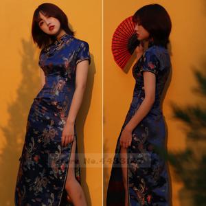 오버사이즈 여성용 긴 치파오 중국 드레스, 레트로 우아한 만다린 칼라 치파오, 섹시한 슬림 브로케이드 드래곤 피닉스 드레스