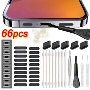 66PCS 휴대 전화 스피커 충전 포트 청소 세트 iPhone 15 14 13 용 먼지 플러그 Samsung Xiaomi 이어폰 클리너 키트 브러시