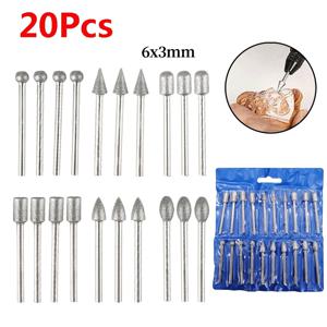 20pcs 다이아몬드 그라인딩 헤드 로타리 드릴 도구 용 미니 비트 Burrs 그라인딩 액세서리 3mm 생크 도구 키트 연마 도구