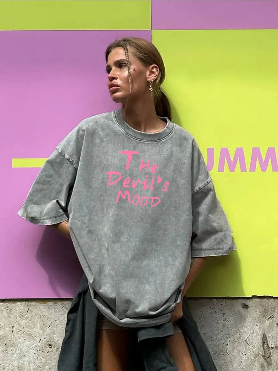 패션 여성 코튼 워시 티셔츠 악마의 달 편지 인쇄 탑 캐주얼 o 넥 오버 사이즈 티셔츠 스트리트 여성 의류