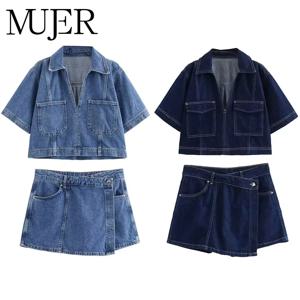 MUJER 블루 데님 셔츠 여성 반팔 크롭 셔츠 여성 여름 짧은 탑 여성 streetwear y2k 세련된 여성 블라우스