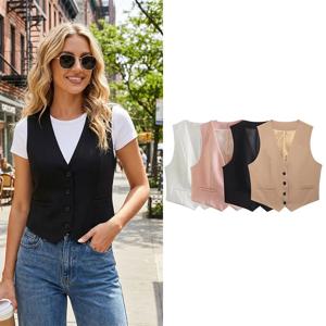 Willshela 여성 패션 솔리드 싱글 브레스트 조끼 조끼 빈티지 민소매 자켓 여성 세련된 레이디 탱크 탑