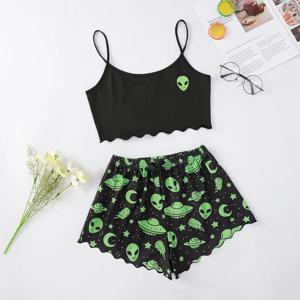 섹시한 외계인 인쇄 슬링 잠옷 여성 잠옷 세트 v 넥 잠옷 여성 Homewear 민소매 귀여운 탑과 반바지
