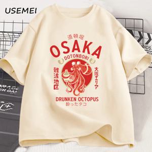 오사카 도톤보리 술취한 문어 그래픽 T 셔츠 일본식 길거리 음식 애호가 Tshirt 코튼 빈티지 반소매 티셔츠