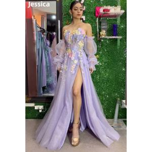 제시카 튤 플라워즈 프롬 드레스 스윗하트 라벤더 퍼플 웨딩 드레스 퍼프 롱 슬리브 로브 드 소와레 맞춤 제작