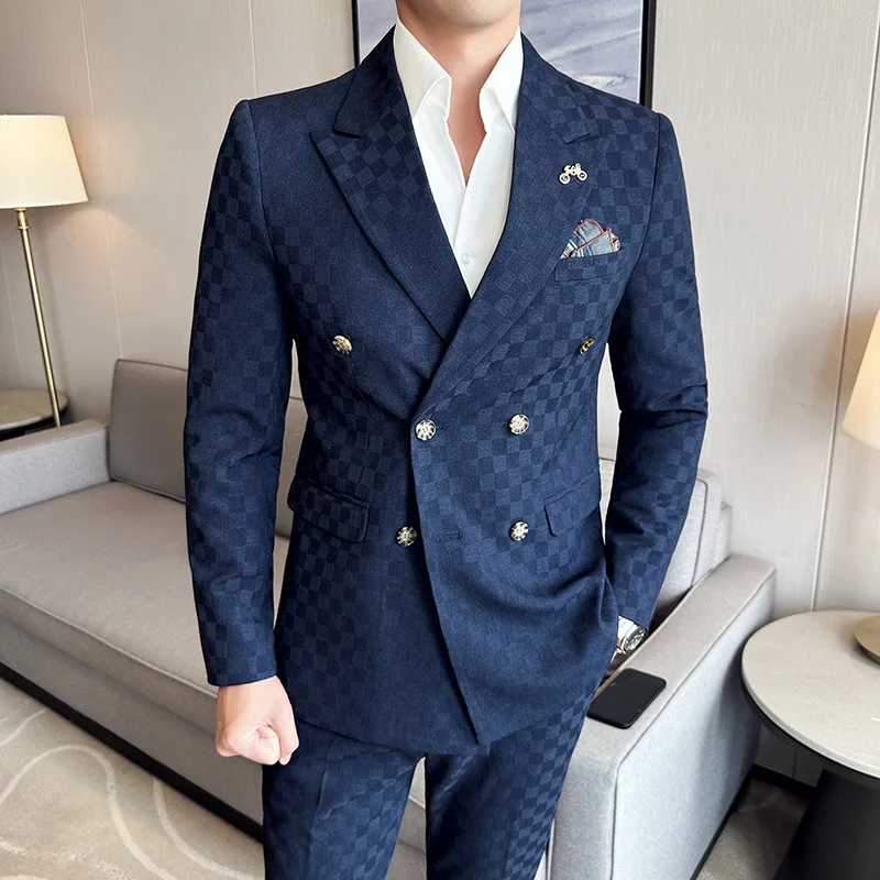 (자켓 + 바지) 럭셔리 체크 무늬 더블 브레스트 정장 2 조각 패션 비즈니스 슬림 피트 사회 정장 이브닝 드레스 5XL-M