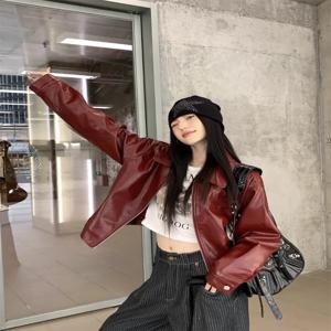 미국 레트로 레드 플립 칼라 가죽 재킷 여성용 고급 숏 스타일 가을 신상 스윗 쿨 루즈핏 탑 PU 가죽