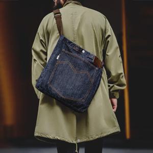 Maden Retro 14oz 데님 가방 남여 공용 싱글 숄더 크로스바디 백 자수 다용도 휴대용 평면 패널 토트백 데일리용