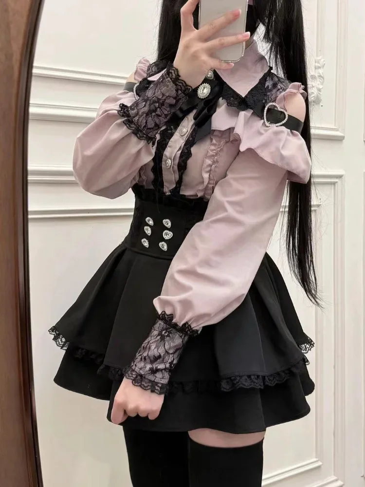 일본 Y2K 감성 빈티지 리본 드레스 반바지 세트 여성 고딕 로리타 스타일 긴팔 셔츠 드레스 우아한 파티 드레스 슈트