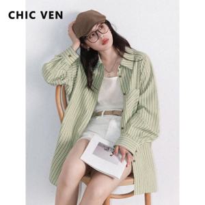 CHIC VEN 여성 셔츠 싱글 브레스트 루즈 캐주얼 세로 스트라이프 긴팔 블라우스 오버 사이즈 여성 코트 봄 여름 2025