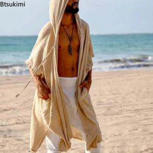 2026 남성 여름 중간 길이 가디건 루즈핏 캐주얼 자외선 차단 의류 비치 휴가 스타일 숄 코트 남성 롱 후드 케이프