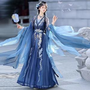 새로운 Hanfu 드레스 여성 중국어 수 놓은 해군 Hanfu 정장 여성 할로윈 카니발 요정 코스프레 의상 파티 Hanfu 드레스