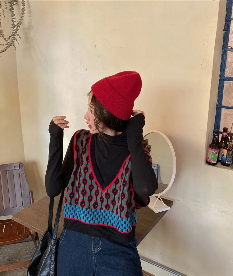 루즈 니트 V 넥 여성용 스웨터 조끼 시크 칼리지 하라주쿠 스타일 꽃 자수 스트리트 패션 봄 가을 2023