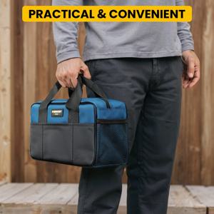 도구 가방, 여러 개의 포켓이 있는 견고한 보관 정리함, 14인치 소형 도구 토트백, 남성용/여성용 넓은 입구