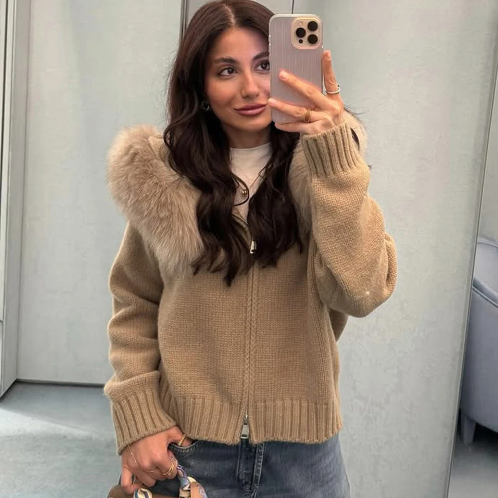 Talenza 겨울 여성 스웨터 후드 가디건 푹신한 지퍼 패치 워크 긴 소매 리브 솔리드 니트 자켓 코트 여성용 카디건