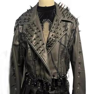 여성용 Y2K 고스 블랙 PU 가죽 재킷 (스파이크 장식) 고딕 보헤미안 이모 스파이크 의류 펑크 록 그런지 페스티벌 코트 (십대용)