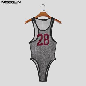 INCERUN 남성 바디 슈트 패치 워크 메쉬 시스루 오 넥 민소매 남성 Rompers Playsuits 섹시한 2025 Fashion Bodysuit Men S-3XL
