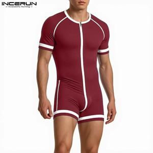 INCERUN 남성 바디 슈트 패치 워크 지퍼 오 넥 반팔 아늑한 남성 Rompers Playsuits 운동 2025 패션 캐주얼 바디 슈트 남성