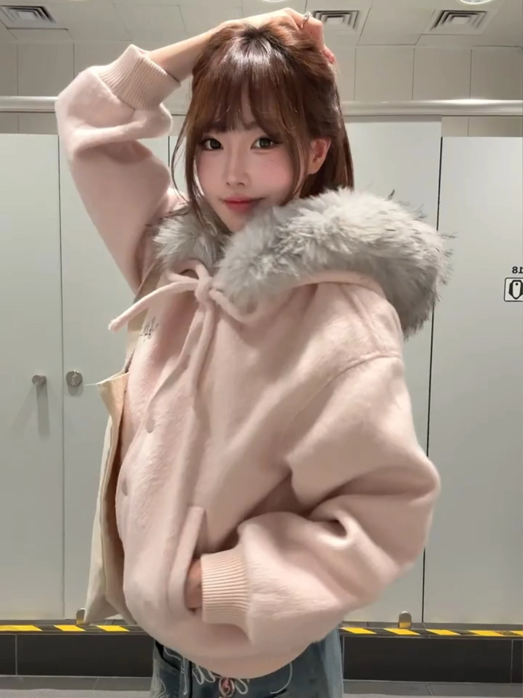 2026 겨울용 두꺼운 핑크 오픈 가디건 버튼형 울 코트 여성용 루즈핏 나비 매듭 벨트 재킷 탑 따뜻한 플란넬 원단