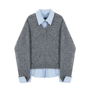 셔츠 칼라가 있는 루즈핏 여성 니트 스웨터, 페이크 투피스 디자인, 가을 겨울 신상, 한국 패션, 따뜻한 보온성