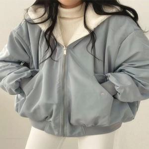 여성용 겨울 두꺼운 따뜻한 양면 후드 재킷 세련된 지퍼 클로저 긴 소매 루즈핏 코트 포켓 포함