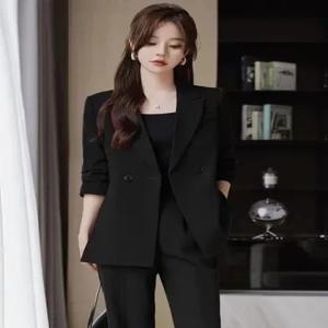 프리미엄 얇은 가을 정장 투피스 세트 2025 신상 봄 가을 블라우스 아우터 슬리밍 쓰리피스 세트 한국 스타일 하이웨이스트 롱 팬츠