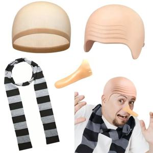 4개입 미니언즈 그루 코스프레 키트 블랙 그레이 스트라이프 스카프 가짜 코 할로윈 의상 액세서리 대머리 모자 코스프레 세트 성인용