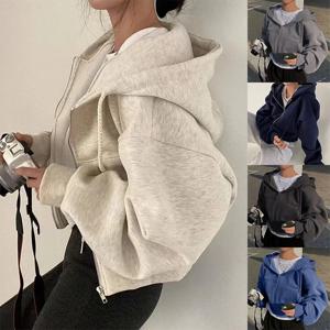 2025 봄 가을 신상 플러스 사이즈 인스플리스 안감 크롭 슬림핏 실루엣 지퍼업 따뜻한 네이비 블루 후드 스웨트셔츠 여성용