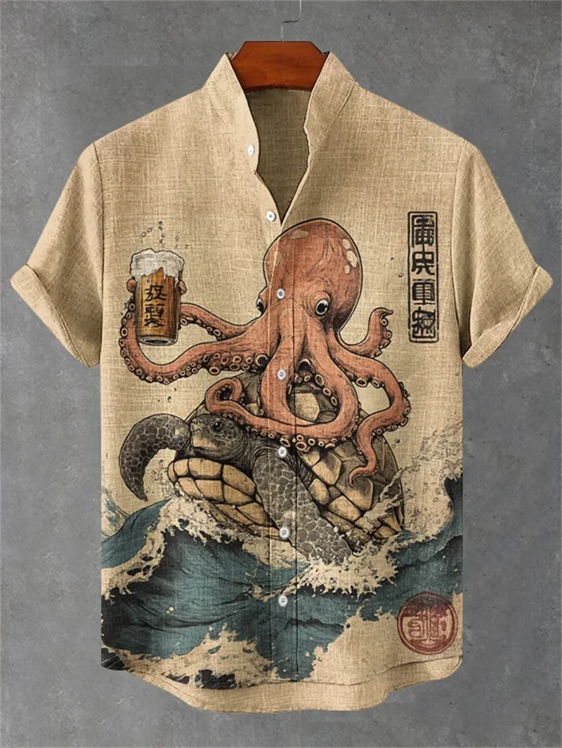 여름 패션 새로운 남성 리넨 하와이 셔츠 3D 프린트 셔츠 짧은 소매 캐주얼 비치 셔츠 빈티지 셔츠