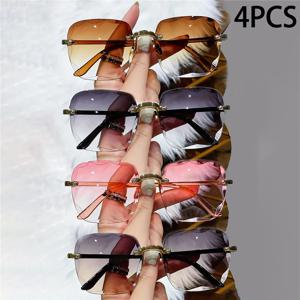 4PCS 사각형 무테 선글라스 여성 럭셔리 브랜드 디자이너 여름 빨간 안경 패션 태양 안경 남성용 그늘 Oculos